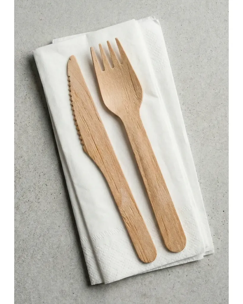 [30.07.000.0500] Kit Couverts en Bois (Fourchette/Couteau/Serviette) - (Carton de 500 sets)